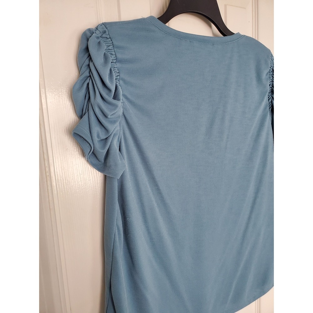 Green Envelope Top Blue‎ Ruched Puff Sleeve V-Neck Modal Blend Blouse Medium - Picture 4 of 6
